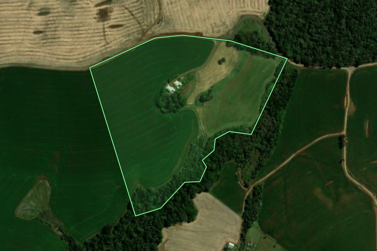 Imagem de satélite do imóvel rural em Vitorino (PR), com o contorno declarado no CAR desenhado por cima.