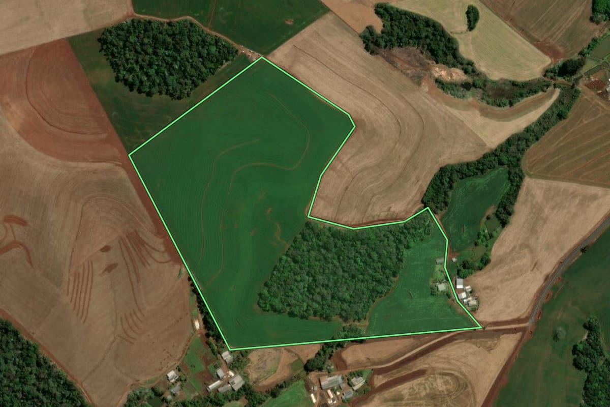 Imagem de satélite do imóvel rural em Vitorino (PR), com o contorno declarado no CAR desenhado por cima.