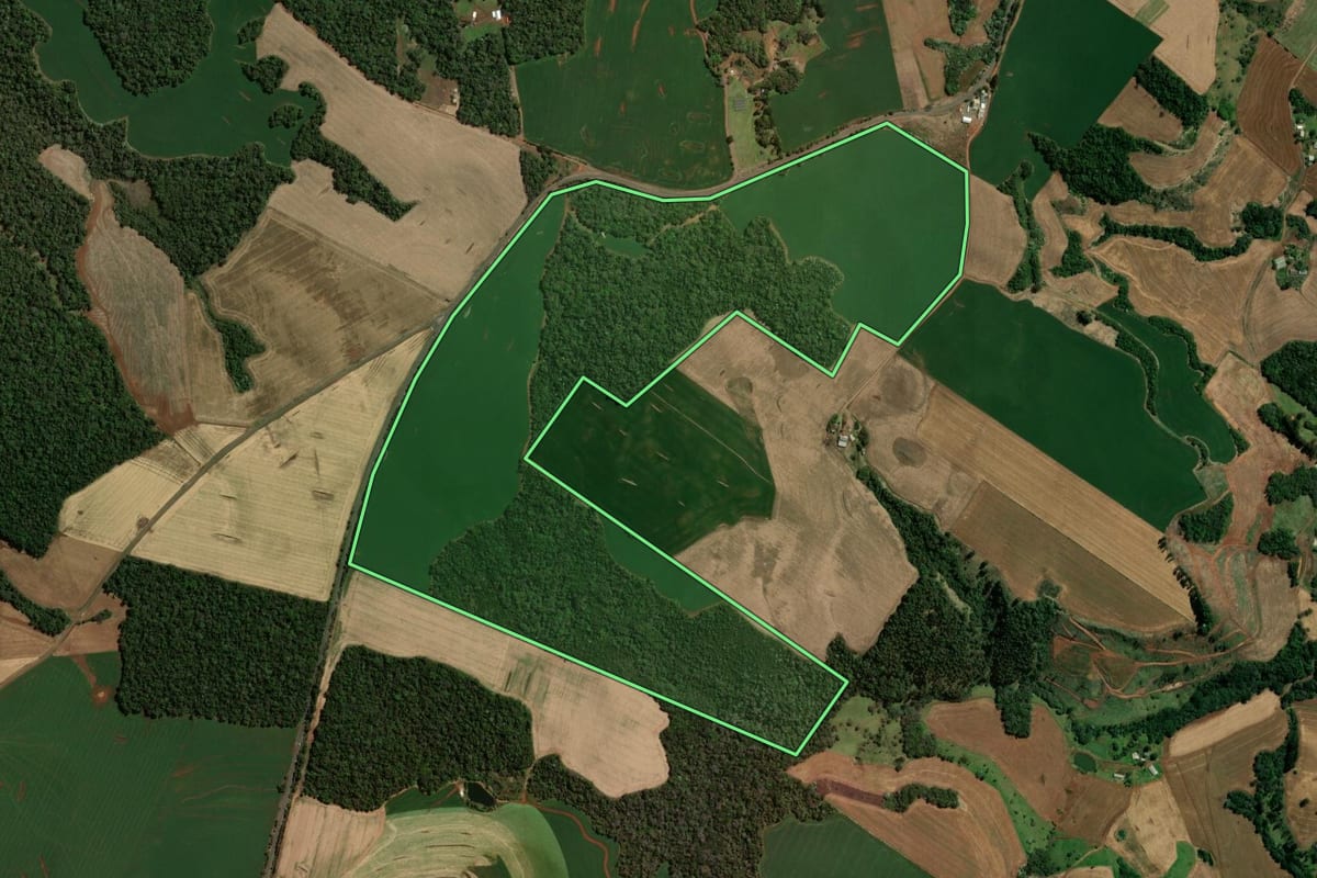 Imagem de satélite do imóvel rural em Vitorino (PR), com o contorno declarado no CAR desenhado por cima.
