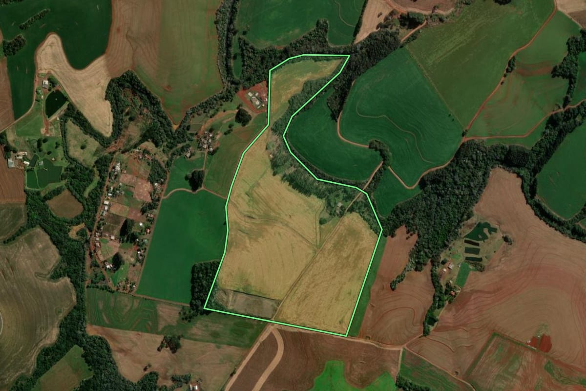 Imagem de satélite do imóvel rural em Vitorino (PR), com o contorno declarado no CAR desenhado por cima.