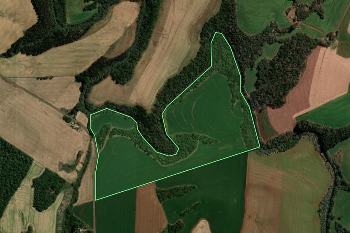 Imagem de satélite do imóvel rural em Vitorino (PR), com o contorno declarado no CAR desenhado por cima.