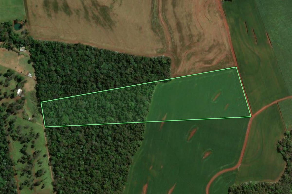 Imagem de satélite do imóvel rural em Vitorino (PR), com o contorno declarado no CAR desenhado por cima.