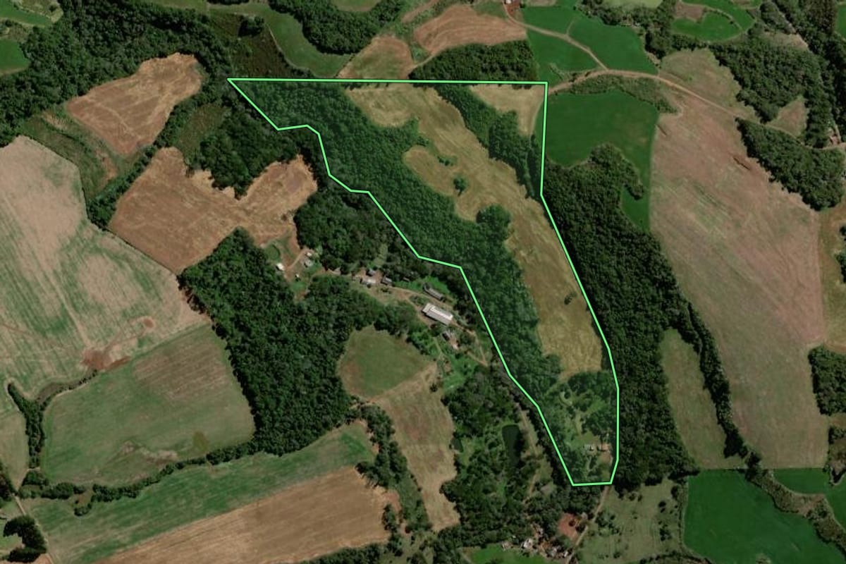 Imagem de satélite do imóvel rural em Vitorino (PR), com o contorno declarado no CAR desenhado por cima.