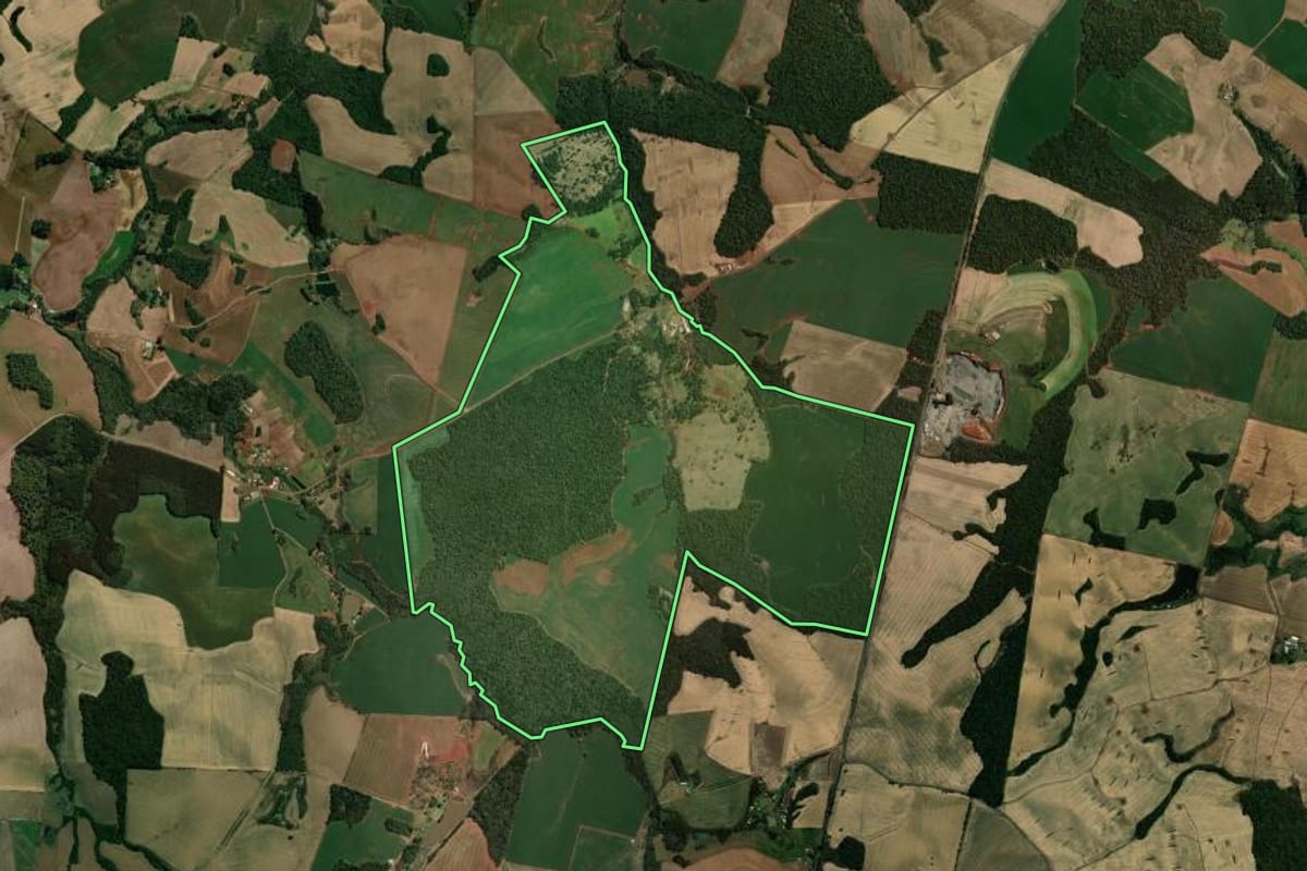 Imagem de satélite do imóvel rural em Vitorino (PR), com o contorno declarado no CAR desenhado por cima.