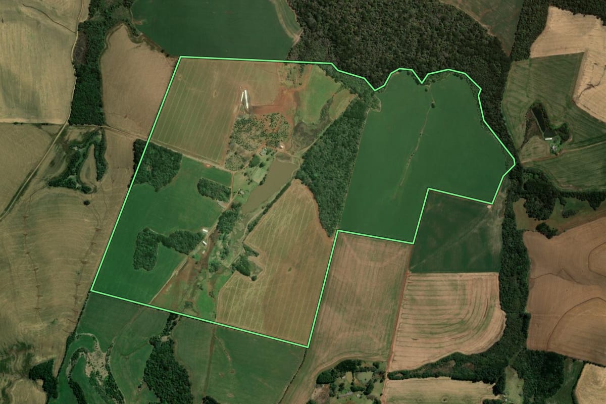 Imagem de satélite do imóvel rural em Vitorino (PR), com o contorno declarado no CAR desenhado por cima.
