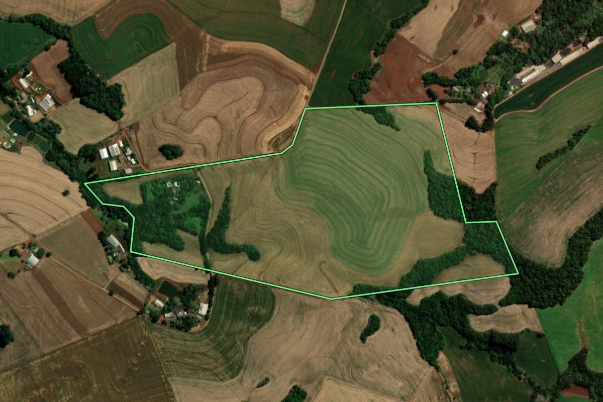 Imagem de satélite do imóvel rural em Vitorino (PR), com o contorno declarado no CAR desenhado por cima.