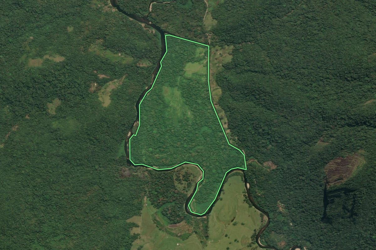Imagem de satélite do imóvel rural em Angra dos Reis (RJ), com o contorno declarado no CAR desenhado por cima.