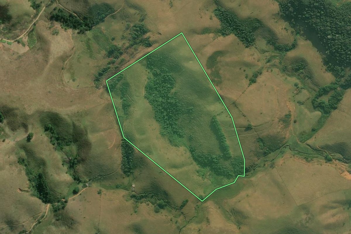 Imagem de satélite do imóvel rural em Barra do Piraí (RJ), com o contorno declarado no CAR desenhado por cima.