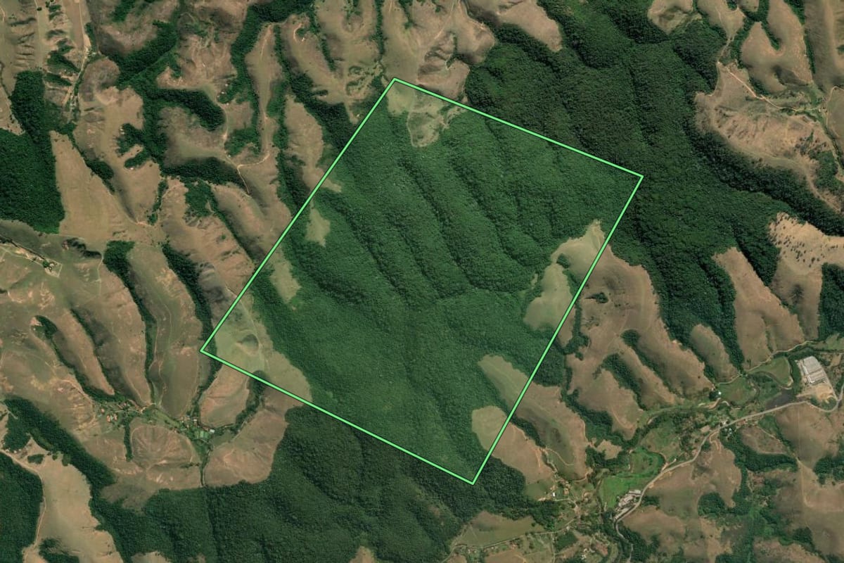 Imagem de satélite do imóvel rural em Barra Mansa (RJ), com o contorno declarado no CAR desenhado por cima.