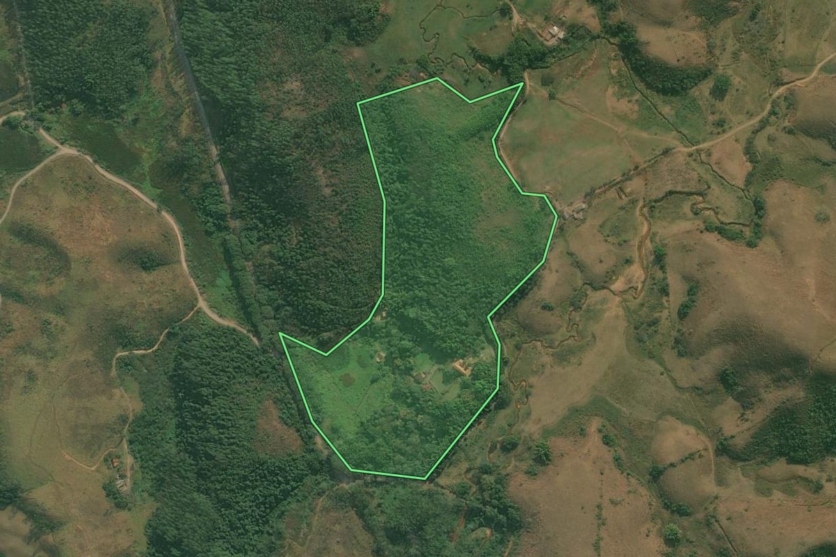 Imagem de satélite do imóvel rural em Barra Mansa (RJ), com o contorno declarado no CAR desenhado por cima.