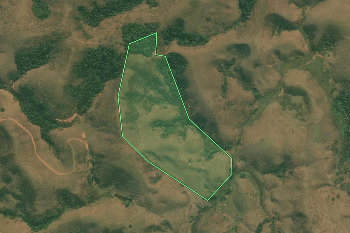 Imagem de satélite do imóvel rural em Barra Mansa (RJ), com o contorno declarado no CAR desenhado por cima.