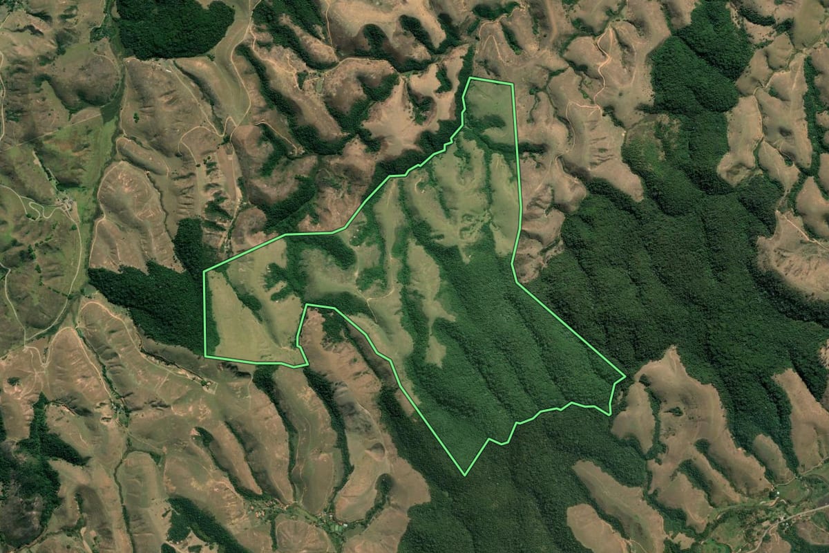 Imagem de satélite do imóvel rural em Barra Mansa (RJ), com o contorno declarado no CAR desenhado por cima.