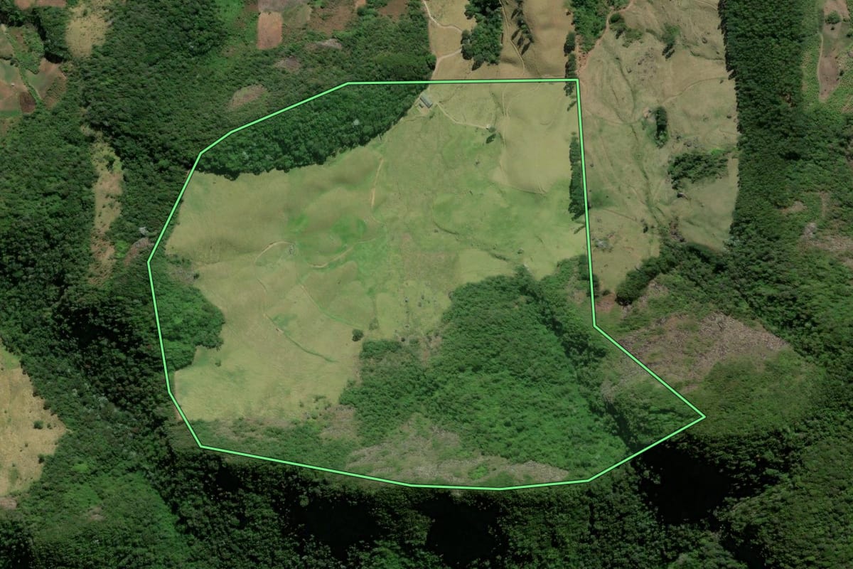 Imagem de satélite do imóvel rural em Bom Jardim (RJ), com o contorno declarado no CAR desenhado por cima.