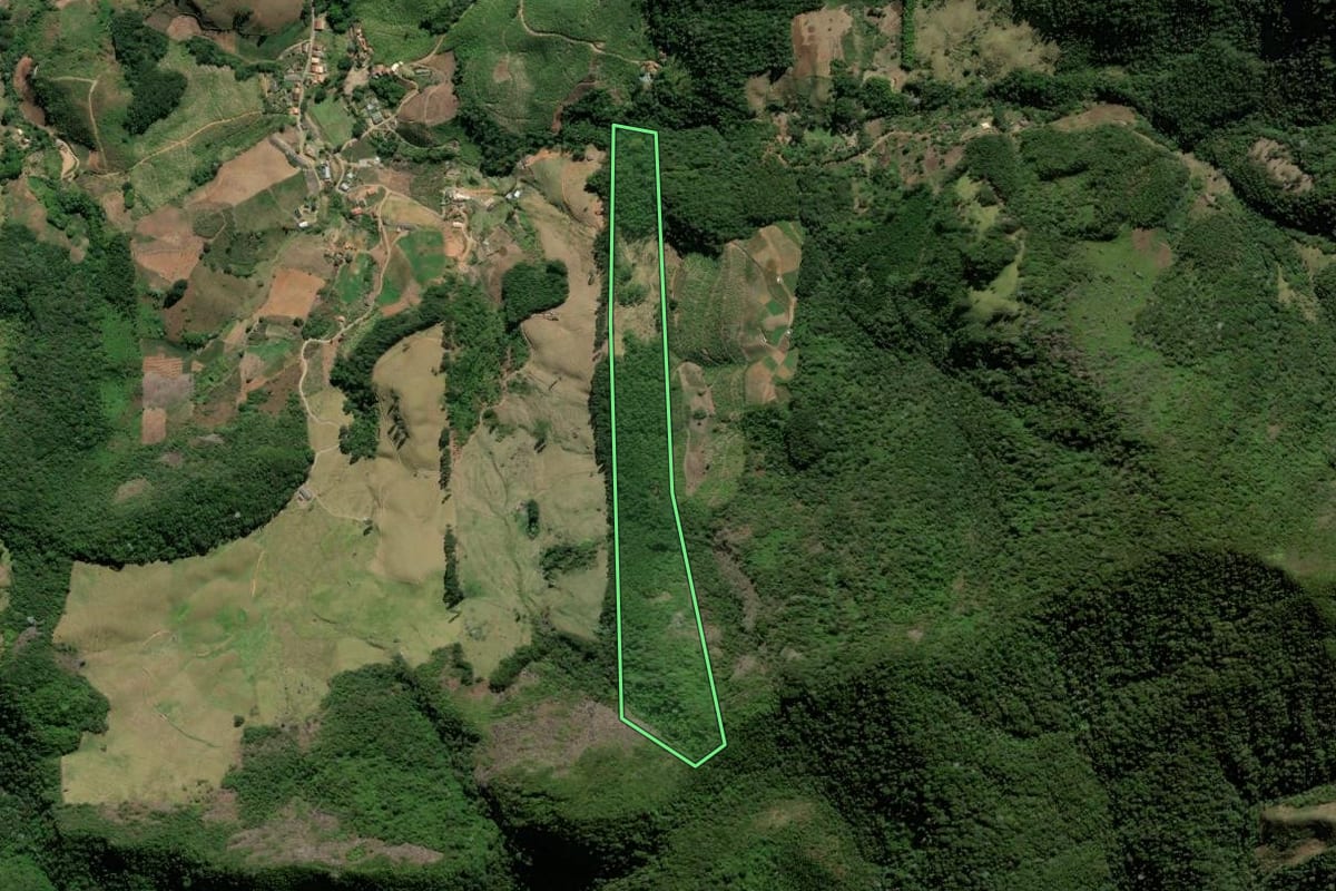 Imagem de satélite do imóvel rural em Bom Jardim (RJ), com o contorno declarado no CAR desenhado por cima.
