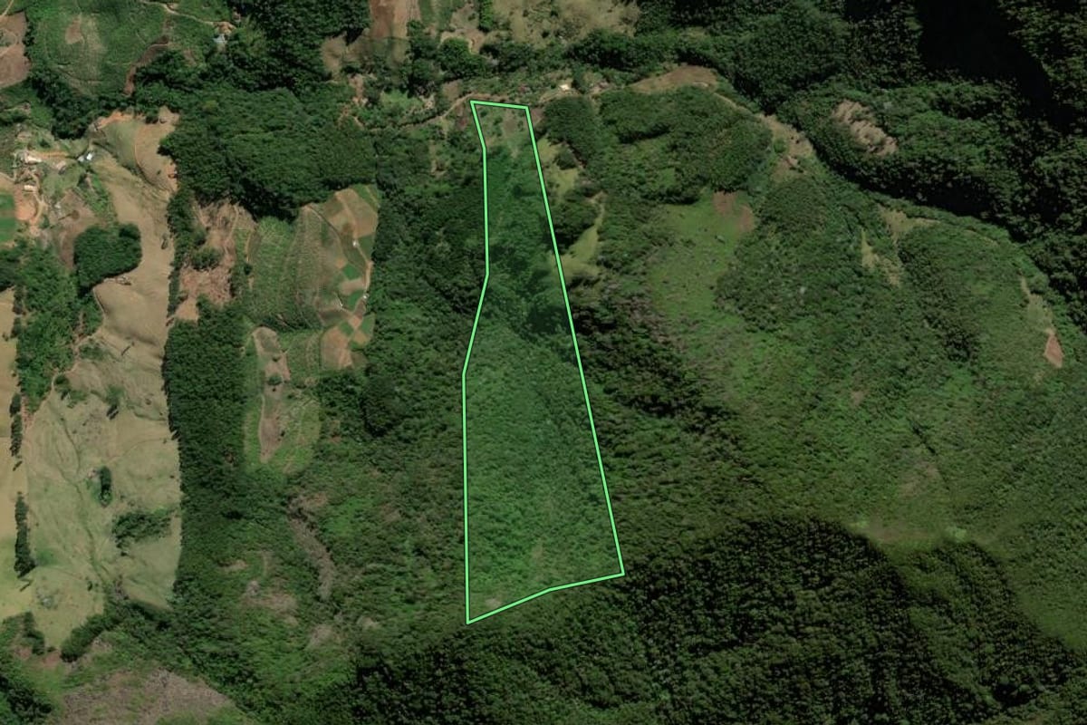 Imagem de satélite do imóvel rural em Bom Jardim (RJ), com o contorno declarado no CAR desenhado por cima.