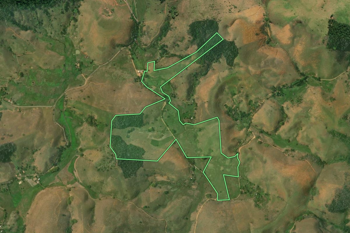 Imagem de satélite do imóvel rural em Bom Jesus do Itabapoana (RJ), com o contorno declarado no CAR desenhado por cima.