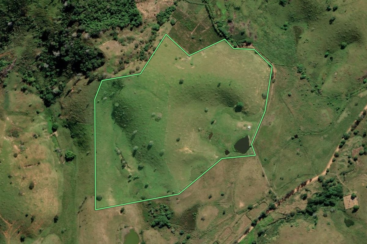 Imagem de satélite do imóvel rural em Bom Jesus do Itabapoana (RJ), com o contorno declarado no CAR desenhado por cima.