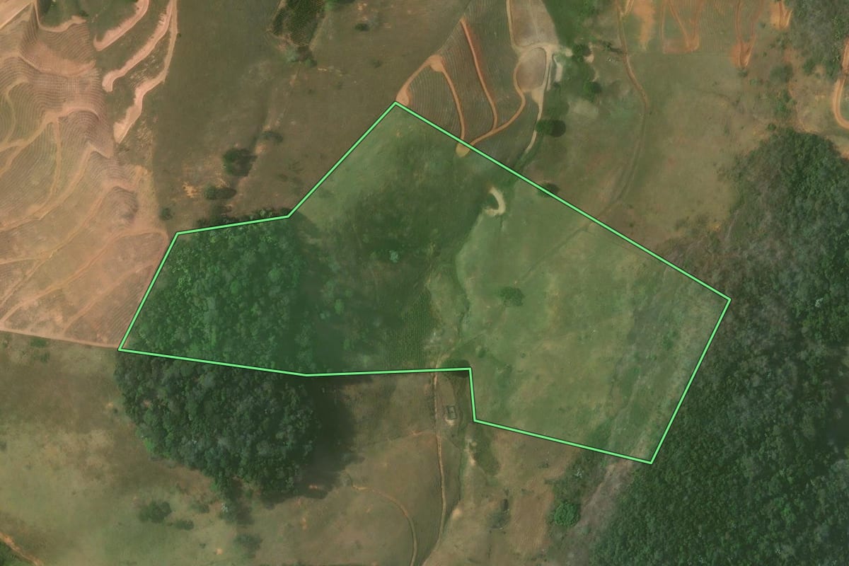 Imagem de satélite do imóvel rural em Bom Jesus do Itabapoana (RJ), com o contorno declarado no CAR desenhado por cima.