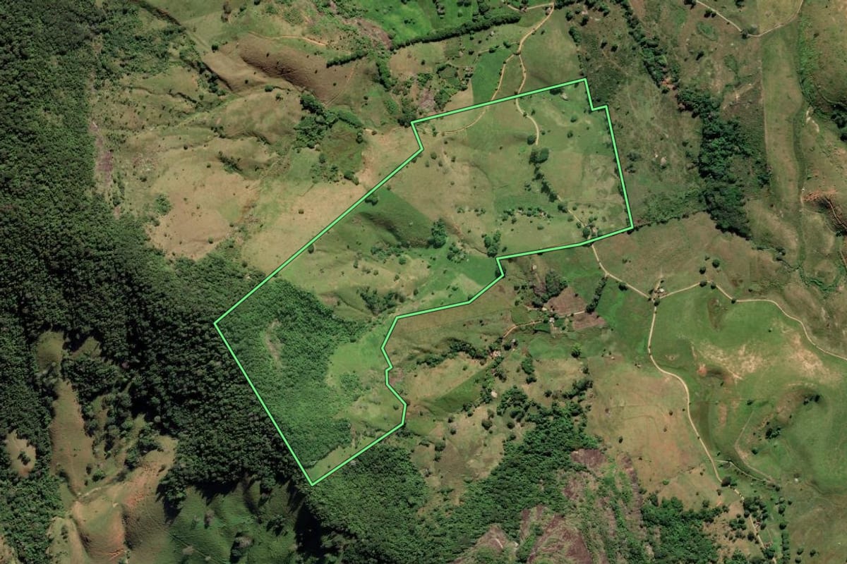 Imagem de satélite do imóvel rural em Bom Jesus do Itabapoana (RJ), com o contorno declarado no CAR desenhado por cima.