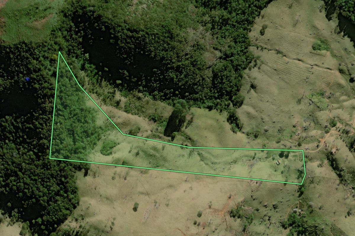 Imagem de satélite do imóvel rural em Bom Jesus do Itabapoana (RJ), com o contorno declarado no CAR desenhado por cima.