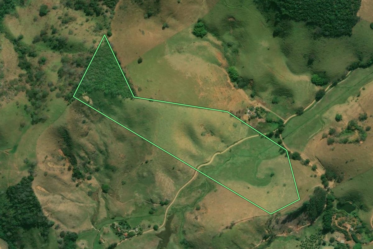 Imagem de satélite do imóvel rural em Bom Jesus do Itabapoana (RJ), com o contorno declarado no CAR desenhado por cima.