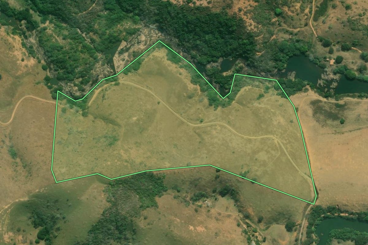 Imagem de satélite do imóvel rural em Bom Jesus do Itabapoana (RJ), com o contorno declarado no CAR desenhado por cima.