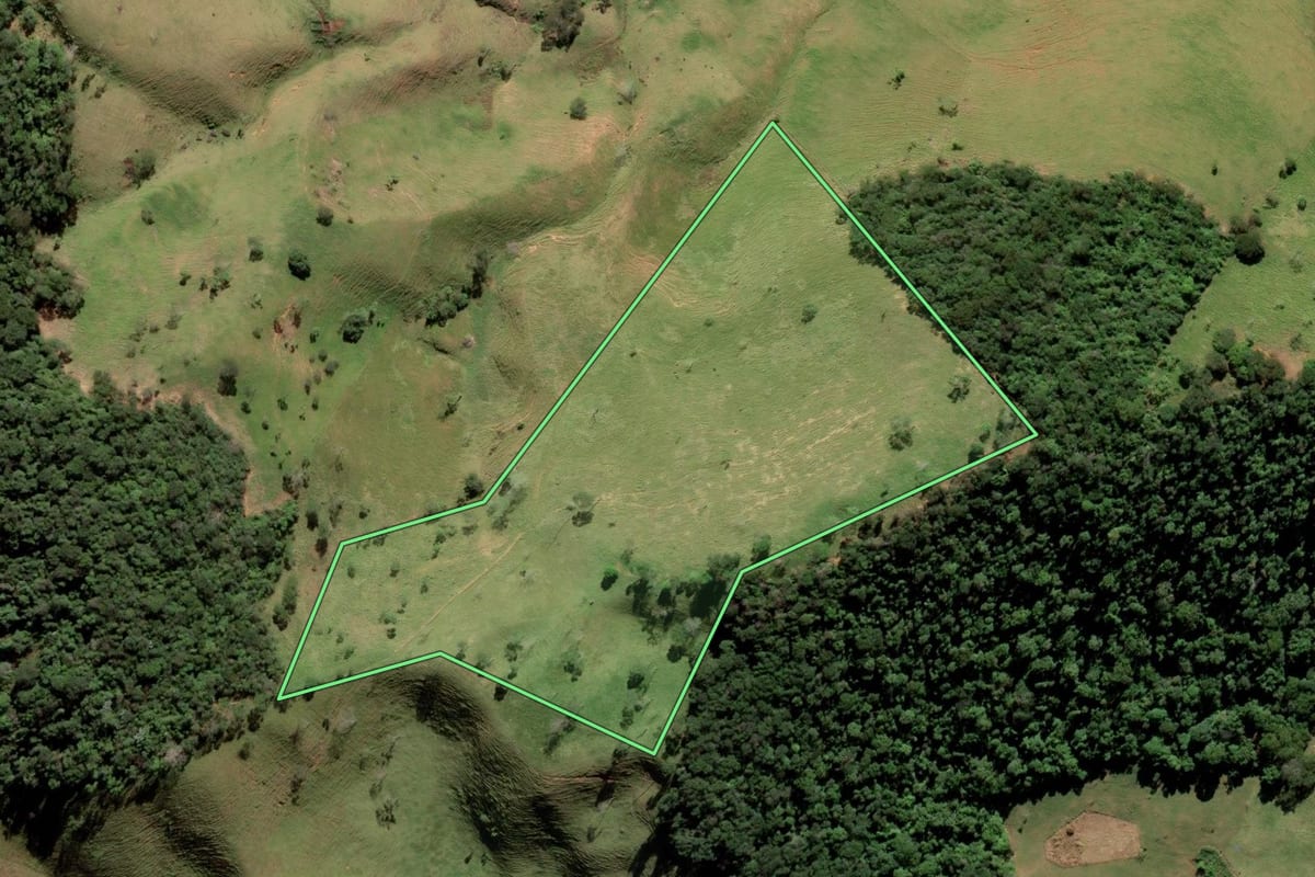 Imagem de satélite do imóvel rural em Bom Jesus do Itabapoana (RJ), com o contorno declarado no CAR desenhado por cima.
