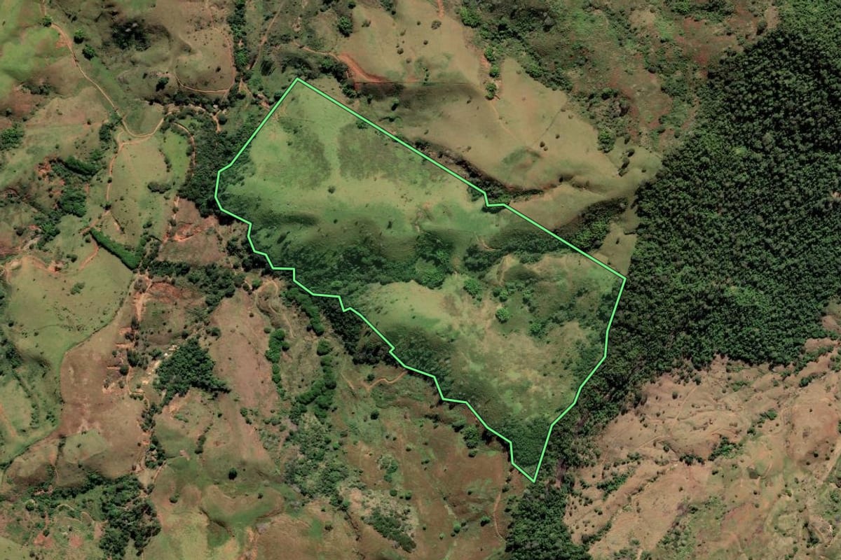 Imagem de satélite do imóvel rural em Bom Jesus do Itabapoana (RJ), com o contorno declarado no CAR desenhado por cima.