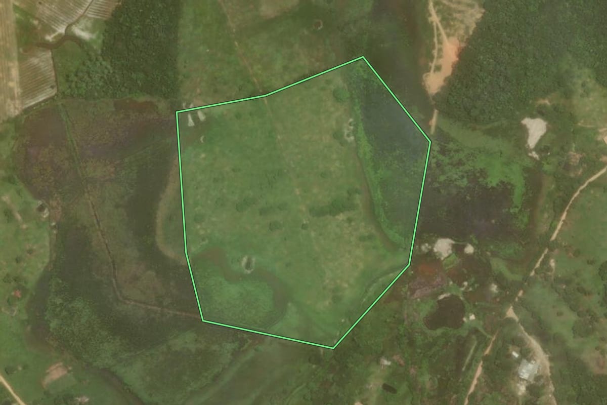 Imagem de satélite do imóvel rural em Cabo Frio (RJ), com o contorno declarado no CAR desenhado por cima.