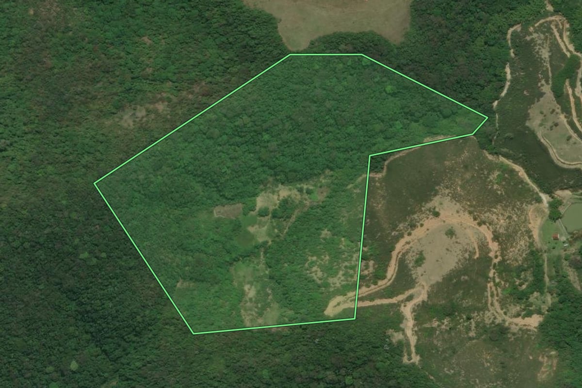 Imagem de satélite do imóvel rural em Cachoeiras de Macacu (RJ), com o contorno declarado no CAR desenhado por cima.