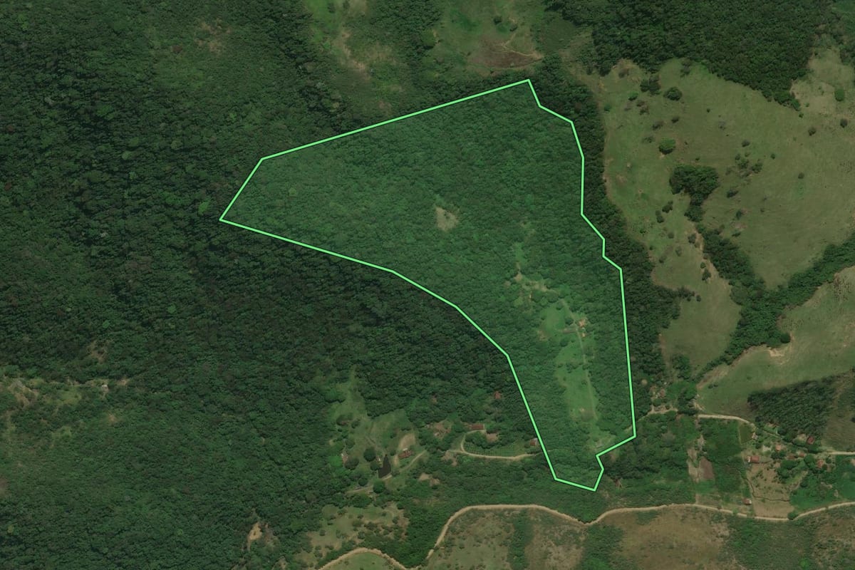 Imagem de satélite do imóvel rural em Cachoeiras de Macacu (RJ), com o contorno declarado no CAR desenhado por cima.