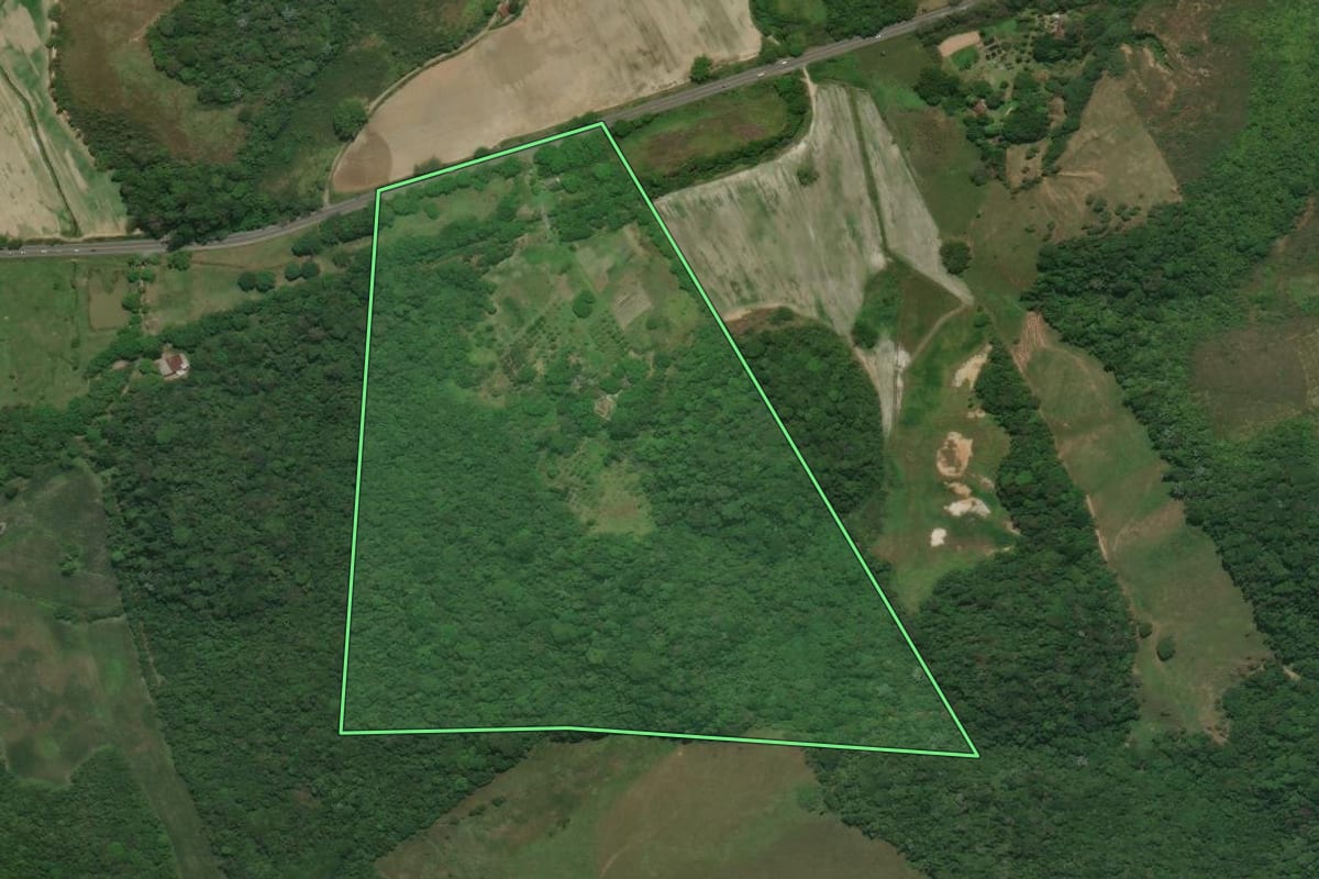 Imagem de satélite do imóvel rural em Cachoeiras de Macacu (RJ), com o contorno declarado no CAR desenhado por cima.