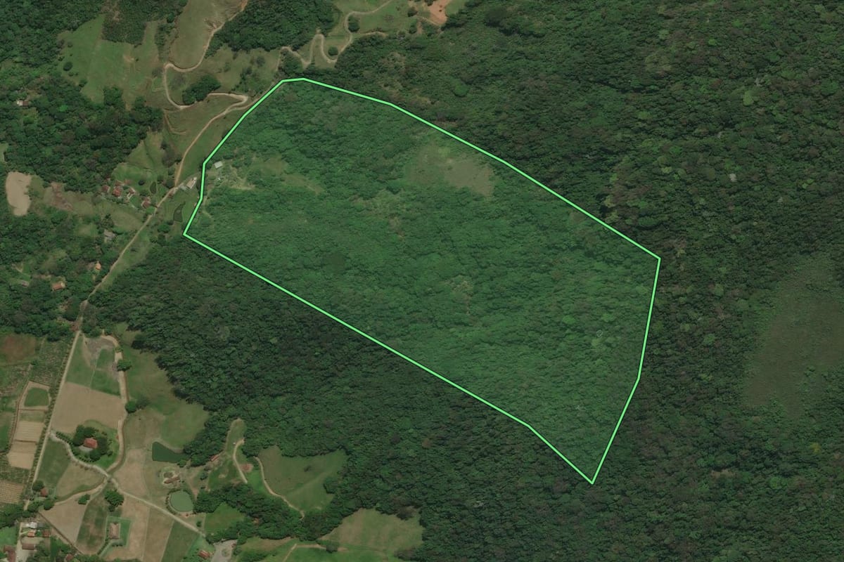 Imagem de satélite do imóvel rural em Cachoeiras de Macacu (RJ), com o contorno declarado no CAR desenhado por cima.
