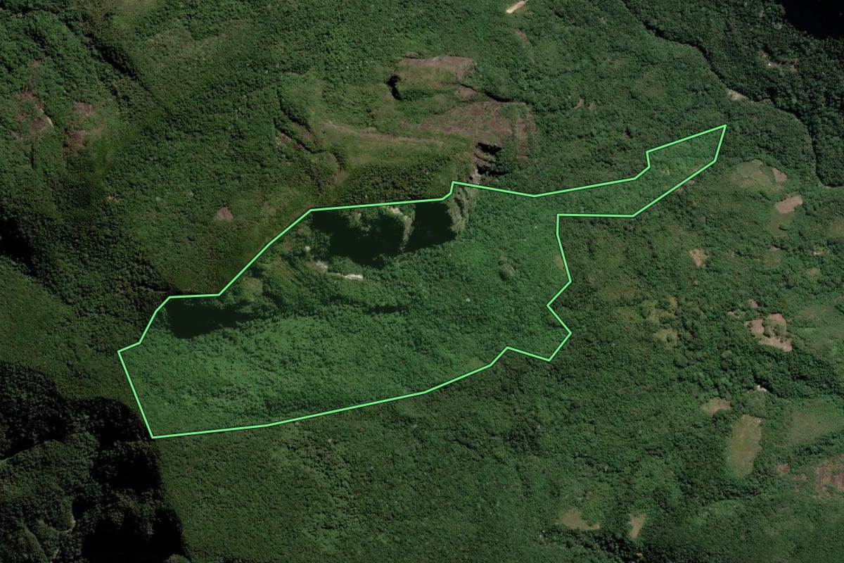 Imagem de satélite do imóvel rural em Cachoeiras de Macacu (RJ), com o contorno declarado no CAR desenhado por cima.