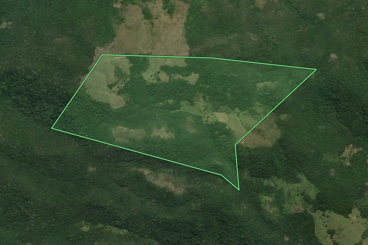 Imagem de satélite do imóvel rural em Cachoeiras de Macacu (RJ), com o contorno declarado no CAR desenhado por cima.