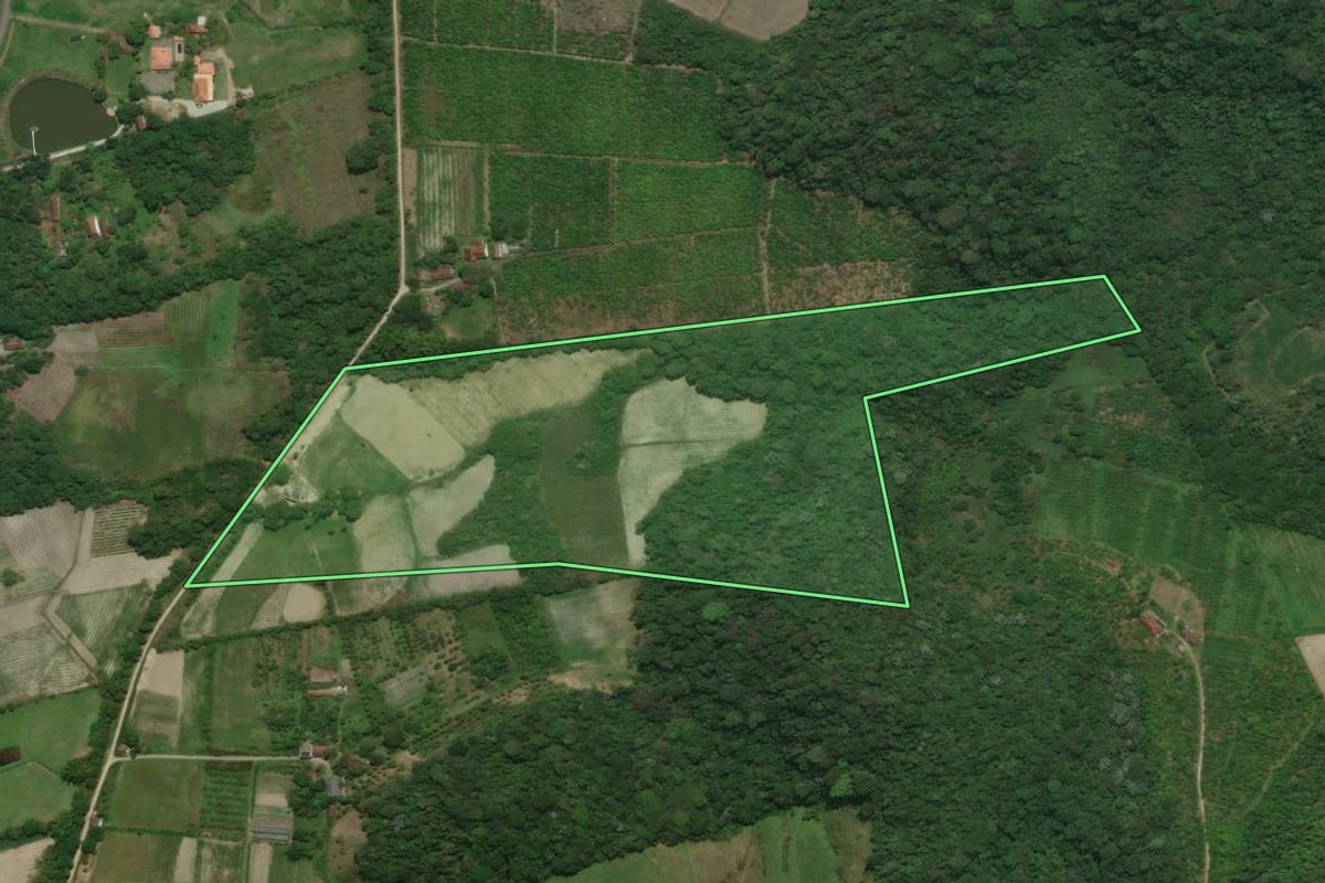 Imagem de satélite do imóvel rural em Cachoeiras de Macacu (RJ), com o contorno declarado no CAR desenhado por cima.