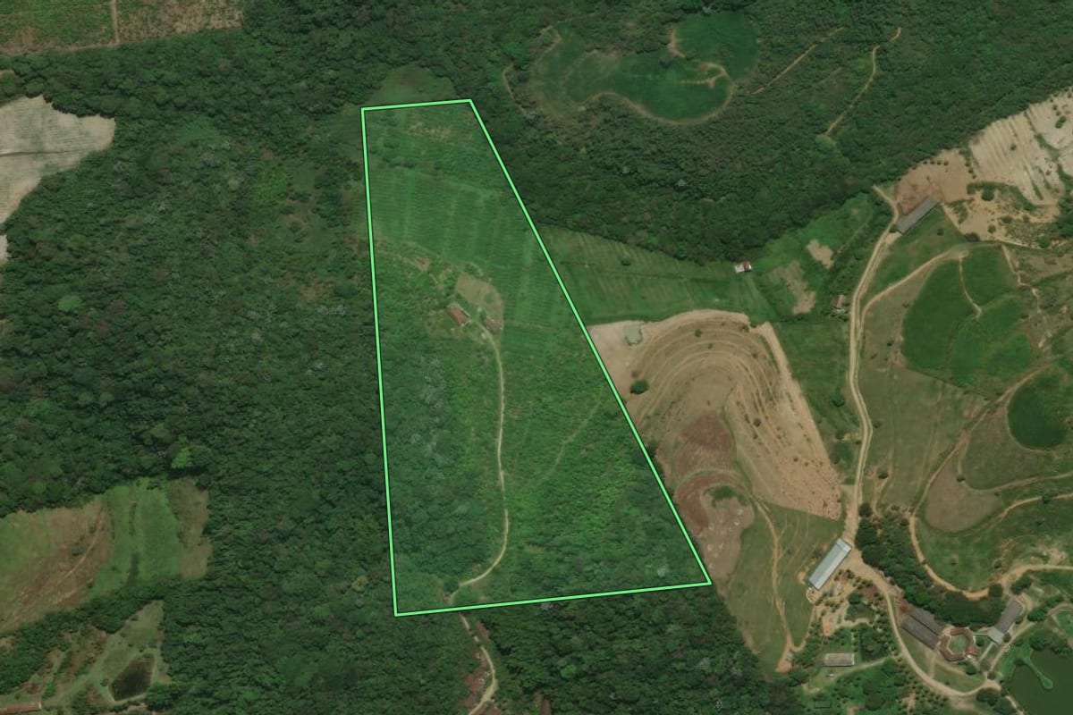 Imagem de satélite do imóvel rural em Cachoeiras de Macacu (RJ), com o contorno declarado no CAR desenhado por cima.