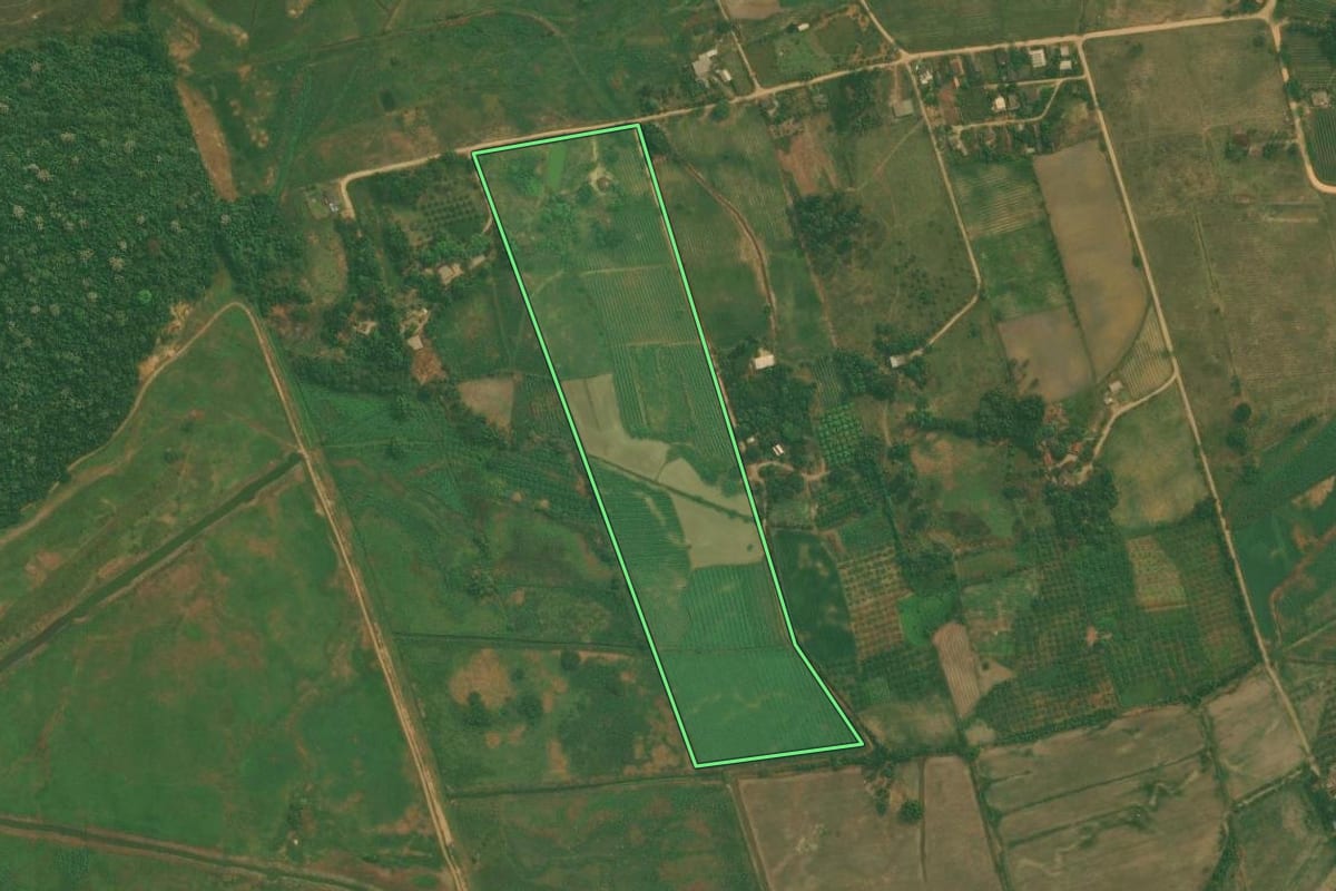 Imagem de satélite do imóvel rural em Cachoeiras de Macacu (RJ), com o contorno declarado no CAR desenhado por cima.