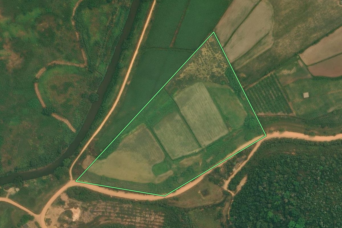 Imagem de satélite do imóvel rural em Cachoeiras de Macacu (RJ), com o contorno declarado no CAR desenhado por cima.