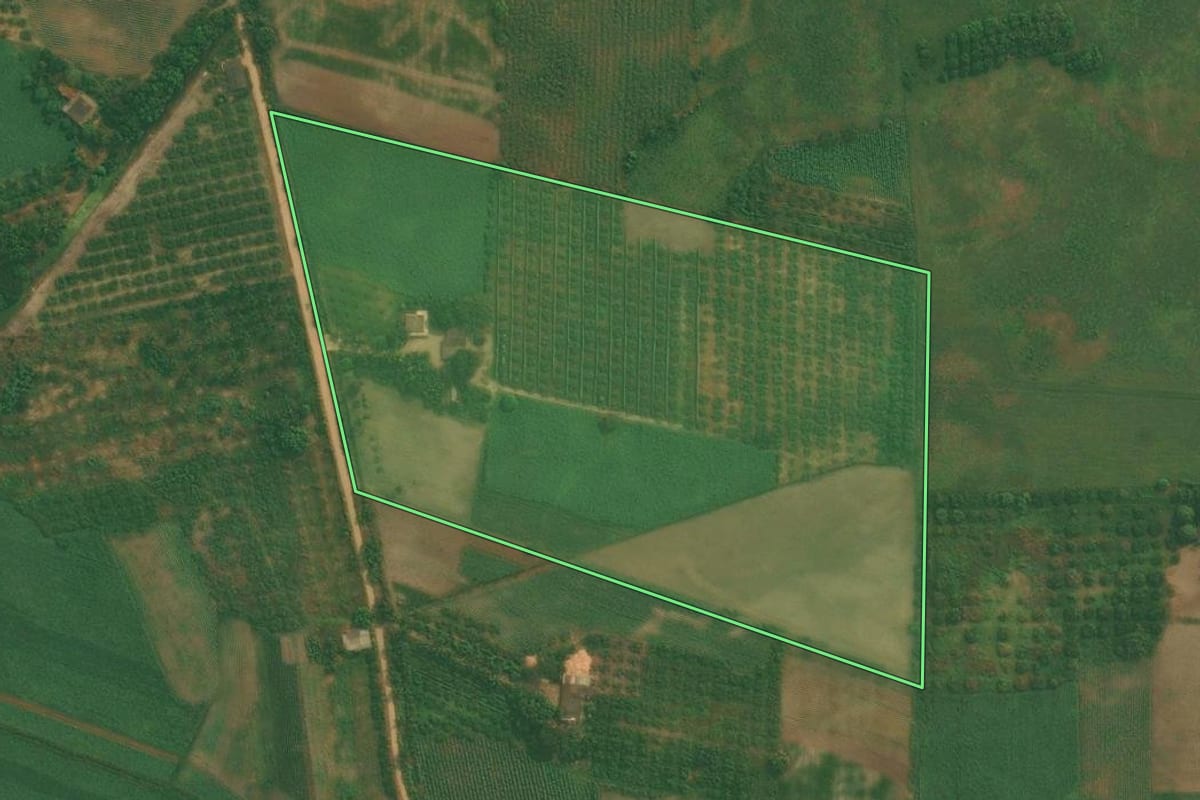 Imagem de satélite do imóvel rural em Cachoeiras de Macacu (RJ), com o contorno declarado no CAR desenhado por cima.