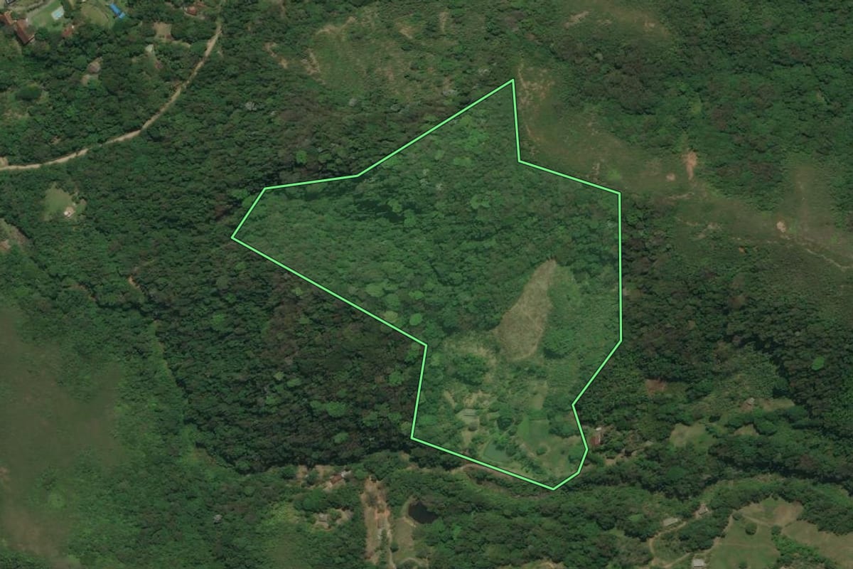 Imagem de satélite do imóvel rural em Cachoeiras de Macacu (RJ), com o contorno declarado no CAR desenhado por cima.