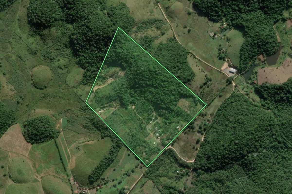 Imagem de satélite do imóvel rural em Cachoeiras de Macacu (RJ), com o contorno declarado no CAR desenhado por cima.