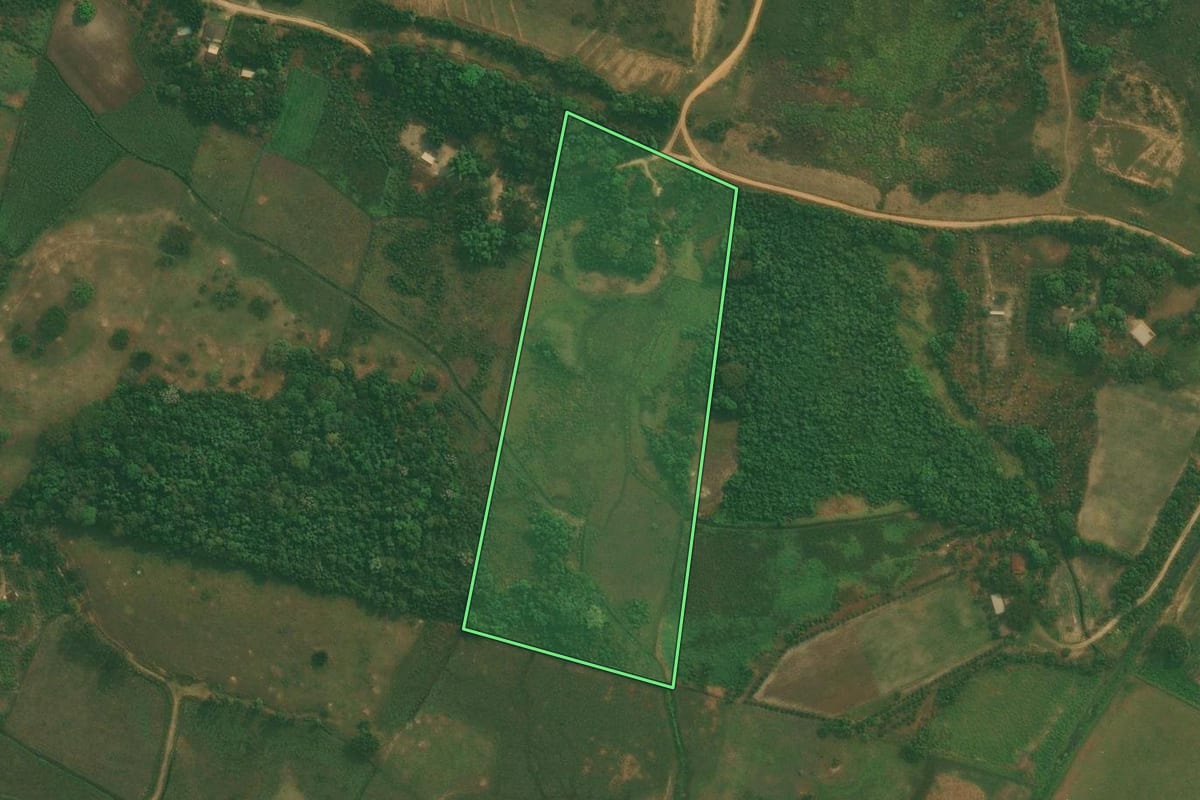 Imagem de satélite do imóvel rural em Cachoeiras de Macacu (RJ), com o contorno declarado no CAR desenhado por cima.