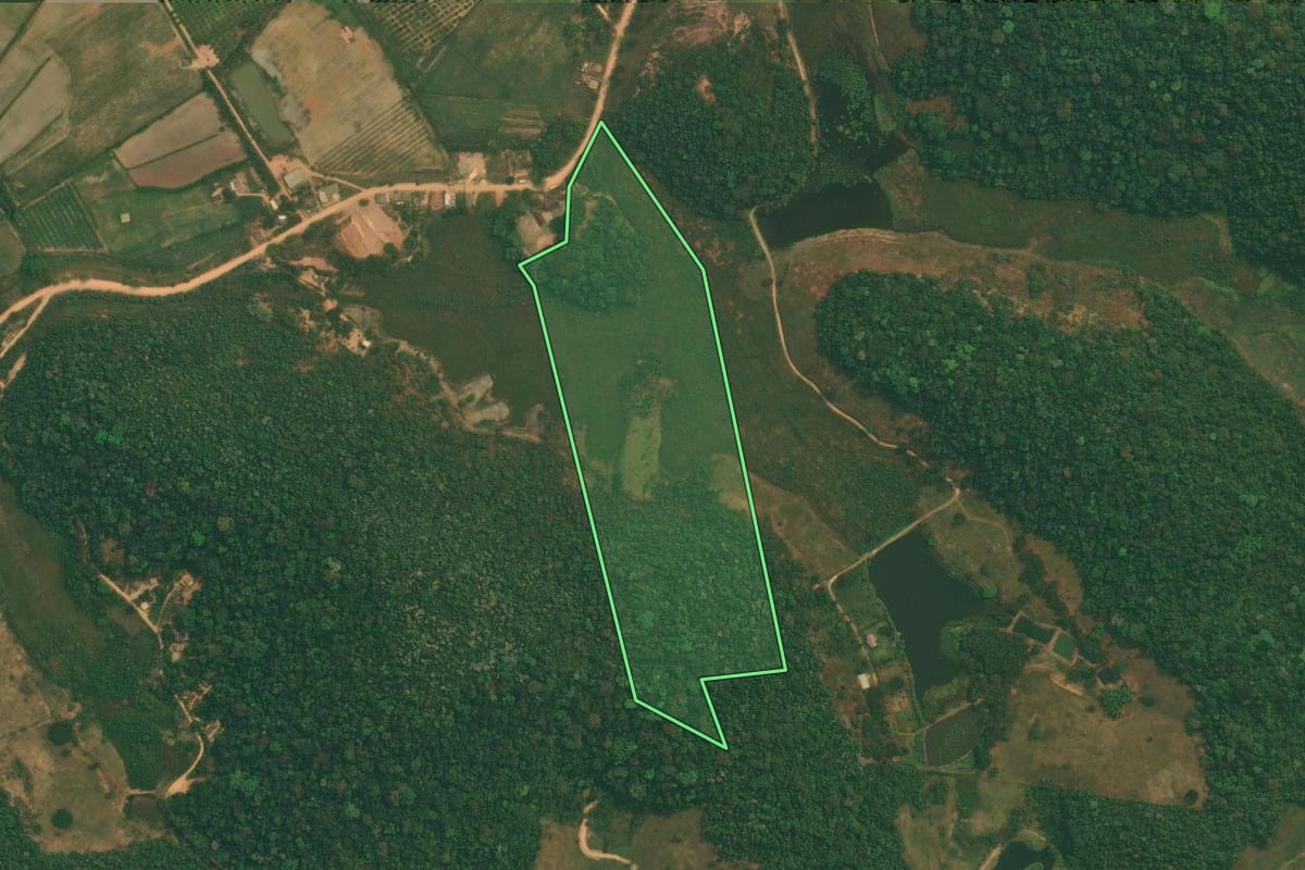 Imagem de satélite do imóvel rural em Cachoeiras de Macacu (RJ), com o contorno declarado no CAR desenhado por cima.
