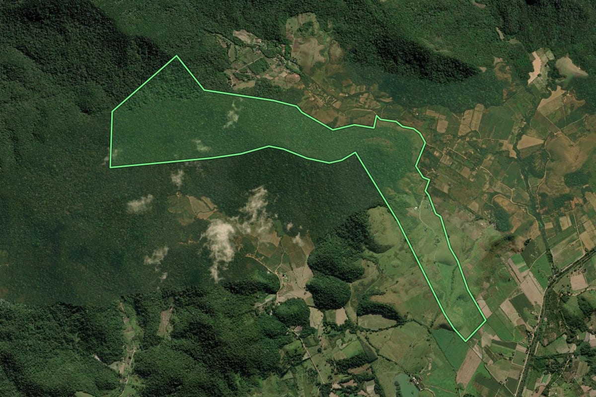 Imagem de satélite do imóvel rural em Cachoeiras de Macacu (RJ), com o contorno declarado no CAR desenhado por cima.