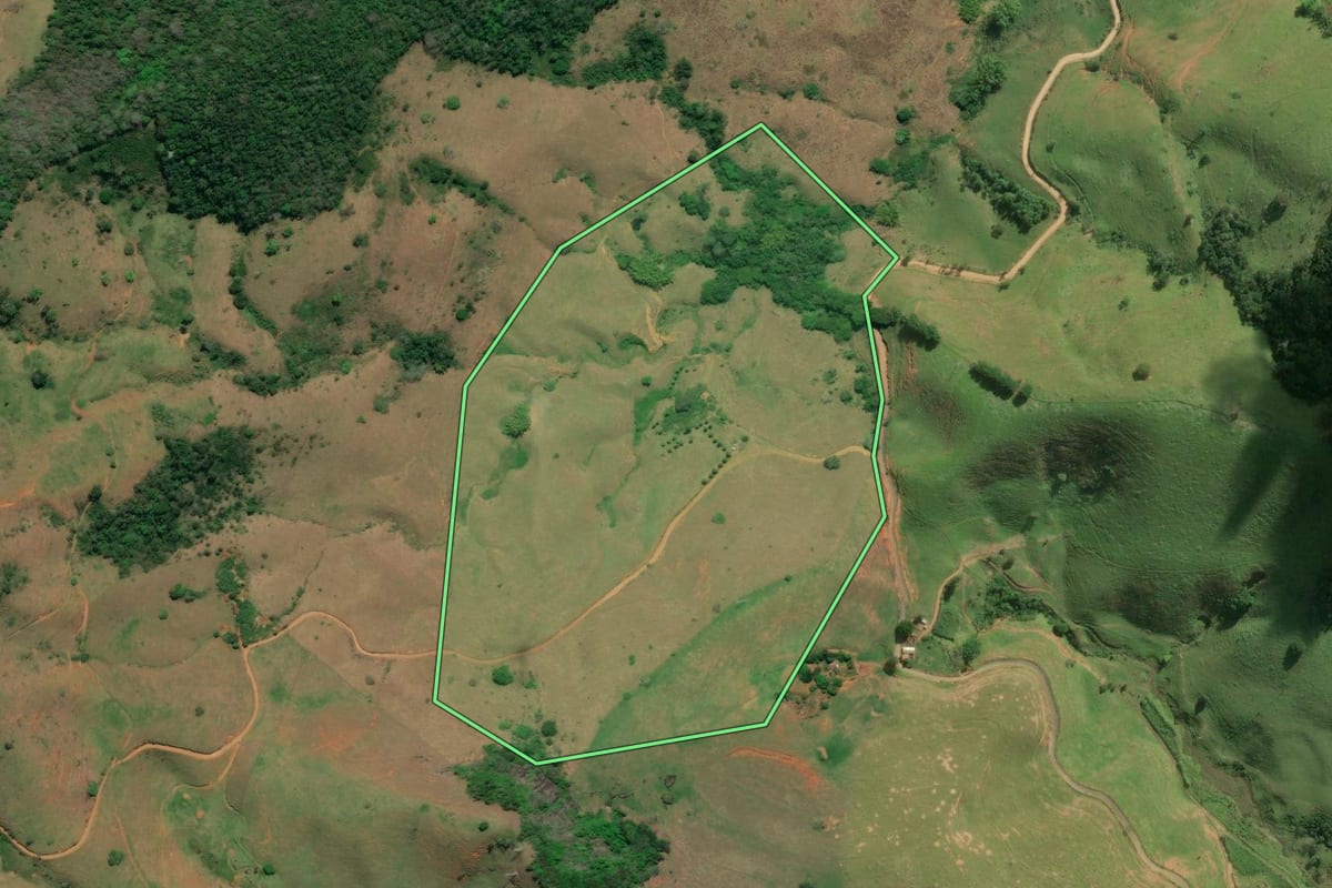 Imagem de satélite do imóvel rural em Cambuci (RJ), com o contorno declarado no CAR desenhado por cima.
