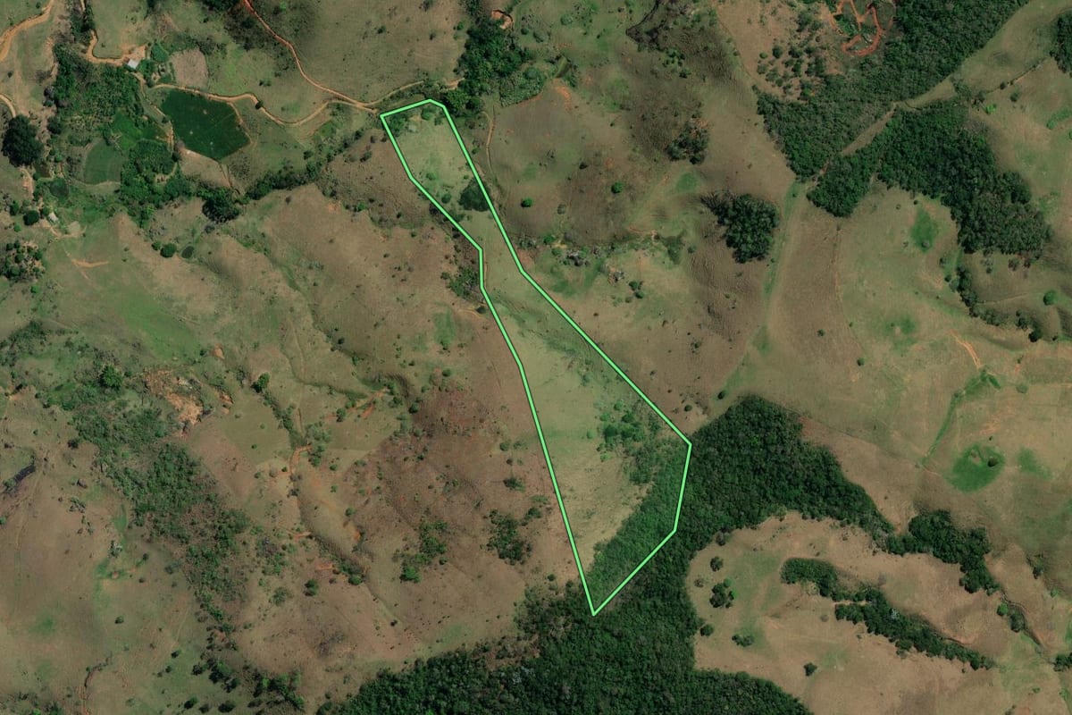 Imagem de satélite do imóvel rural em Cambuci (RJ), com o contorno declarado no CAR desenhado por cima.
