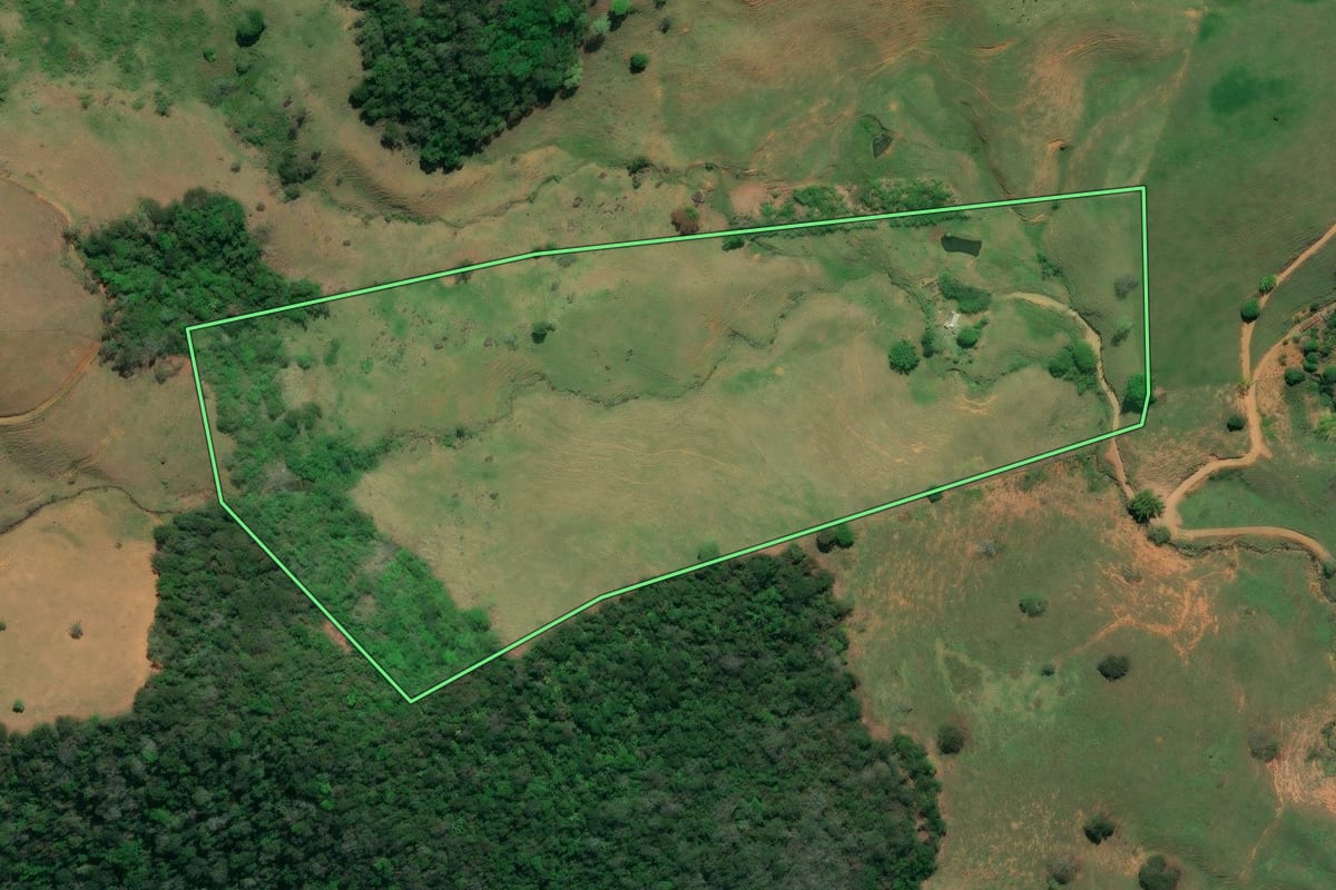 Imagem de satélite do imóvel rural em Cambuci (RJ), com o contorno declarado no CAR desenhado por cima.