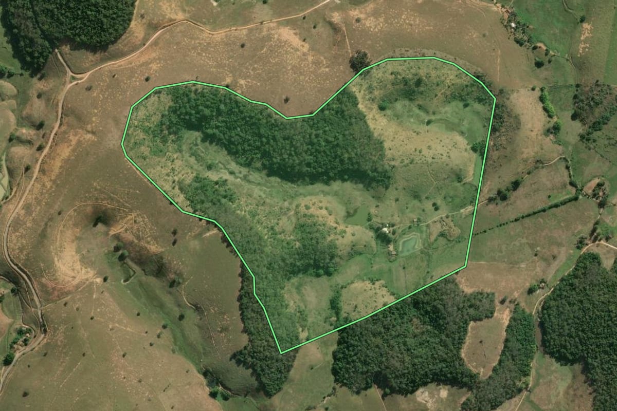 Imagem de satélite do imóvel rural em Cambuci (RJ), com o contorno declarado no CAR desenhado por cima.