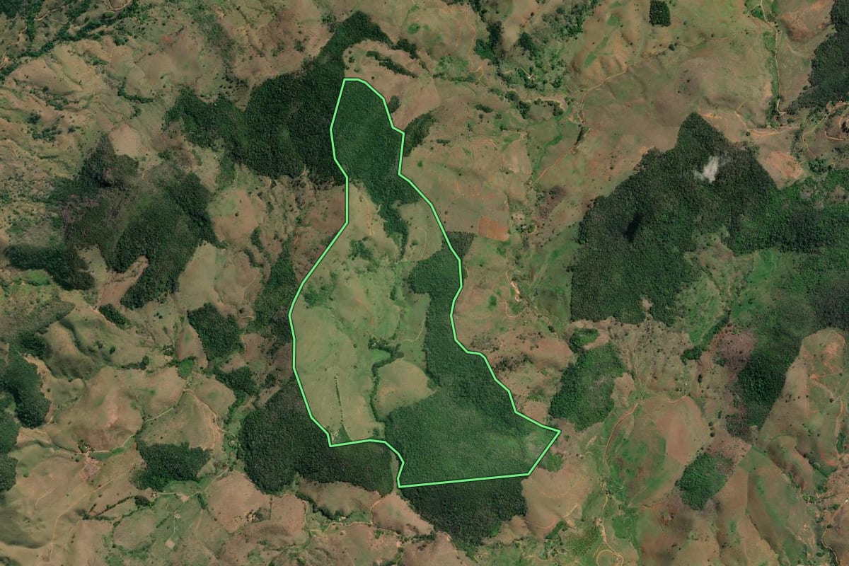 Imagem de satélite do imóvel rural em Cambuci (RJ), com o contorno declarado no CAR desenhado por cima.